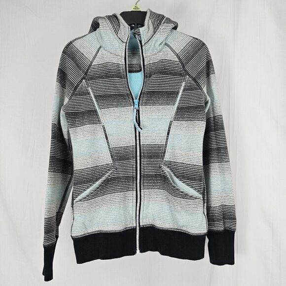 Ivivva Jacket Girls 10 Full Zip Blue Grey Striped Hooded Big Logo Lululemon - Picture 1 of 7
